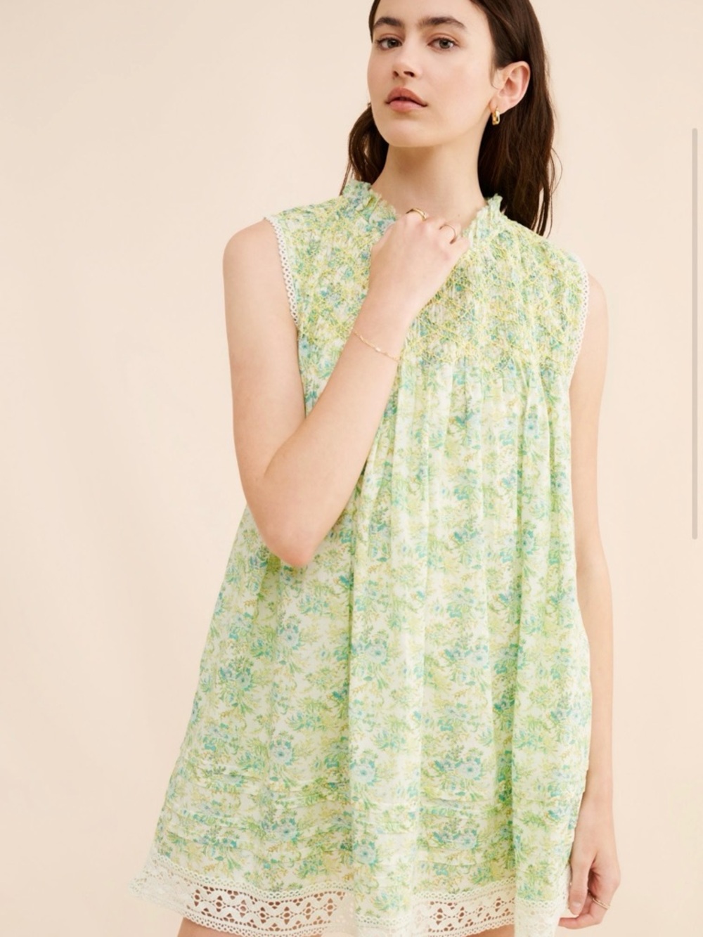 Free People Floral Smocked Mini Dress in Light Green and Blue